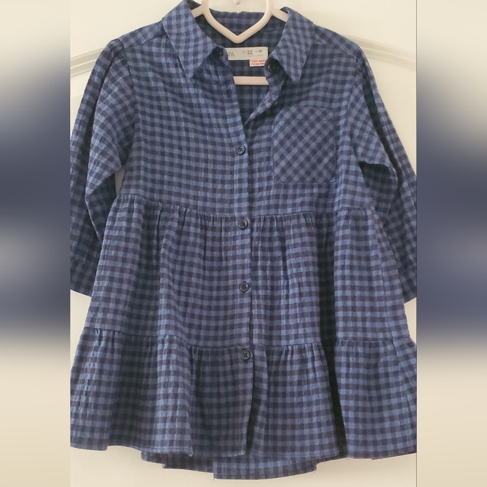 ZARA Blue Checkard Collard Button Down Flowy Girls Dress - Size 2-3T